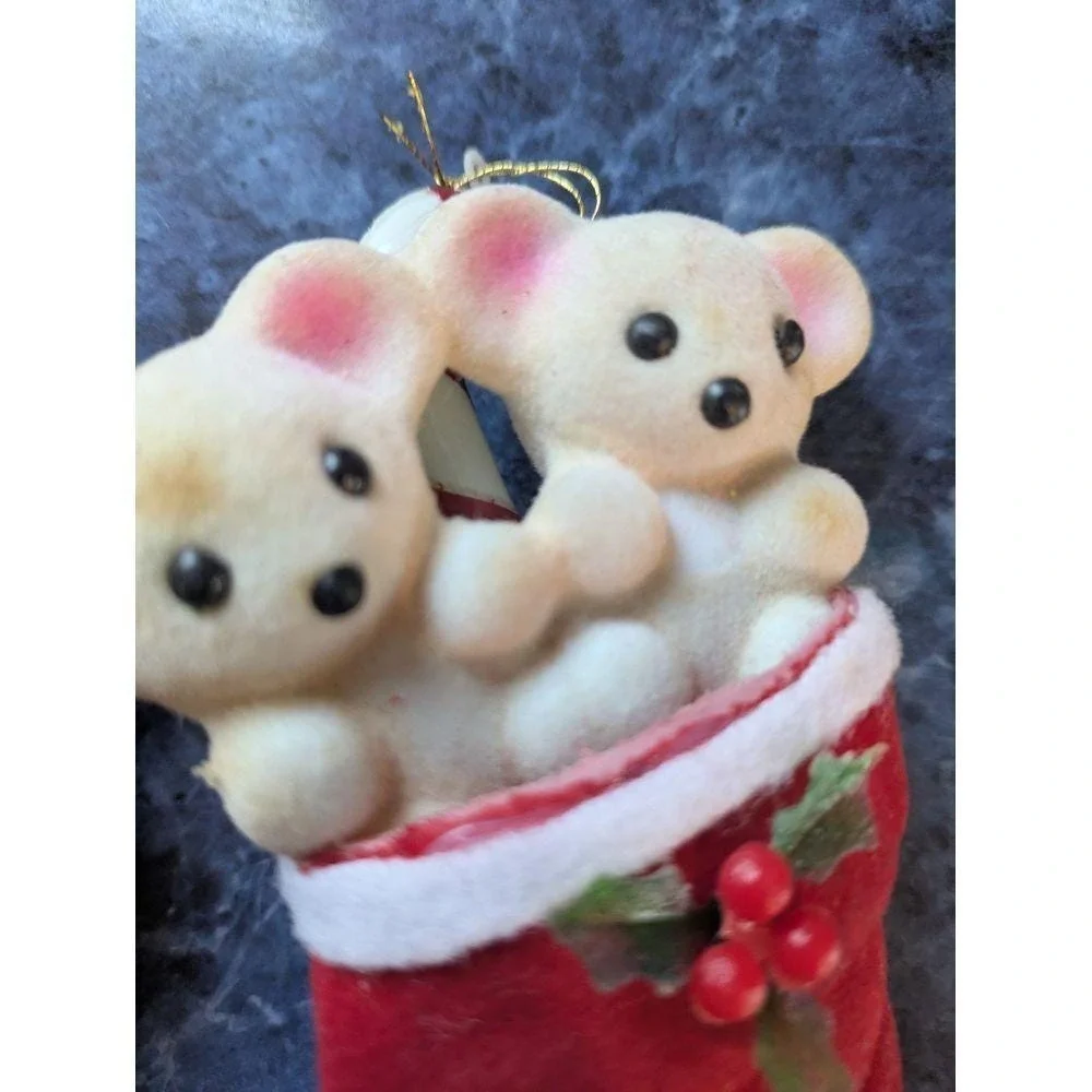 Vintage 2 Flocked Christmas Stocking Ornaments Santa Bears Holidy Decorations 5